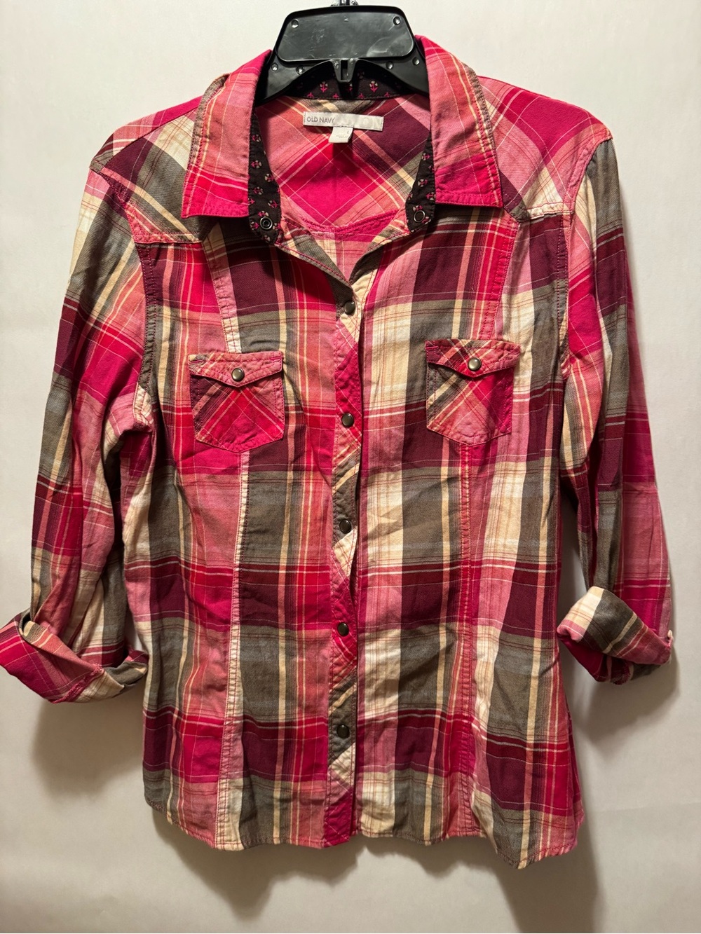 Old  Navy  Pink Plaid Button-Up lightweight western Shirt Sz large